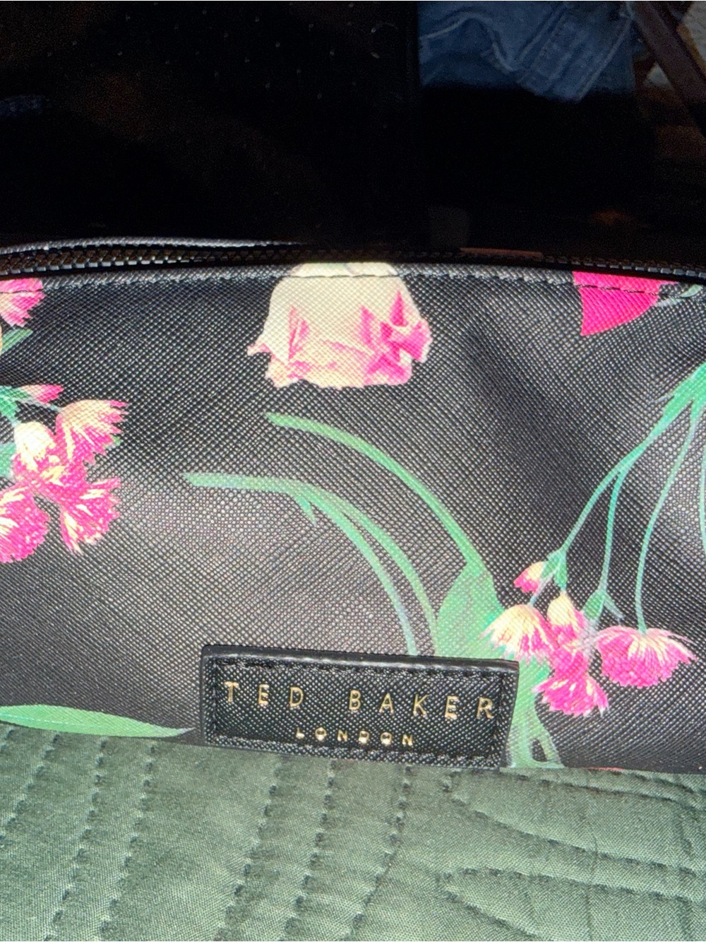Ted Baker Black Floral Cosmetic Pouch with Pink and Green Accents